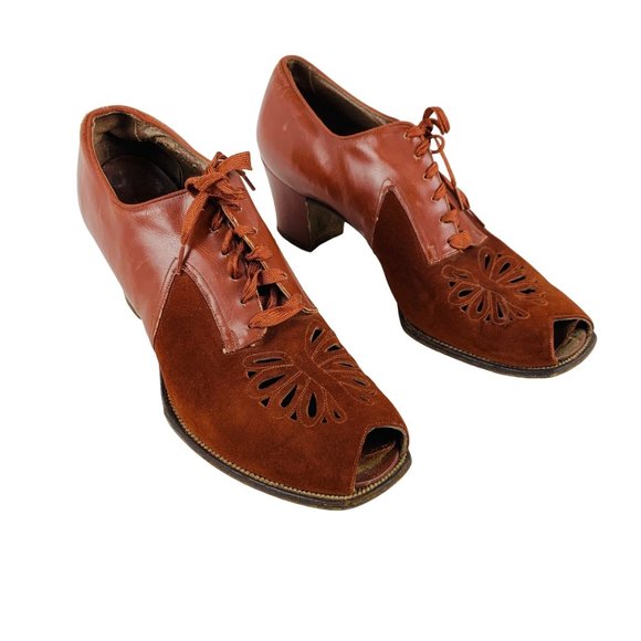 Vintage Shoes - Vintage 1930s Rust Heels Easi-Gait Brown Lace Up Oxfords